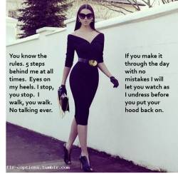 You know the rules. 5 steps behind me at all times.  Eyes on my heels. I stop, you stop.  I walk, you walk. No talking ever.  If you make it through the day with no mistakes I will let you watch as I undress before you put your hood back on.    | Caption