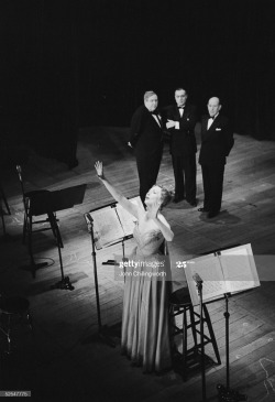 citizenscreen:Charles Laughton, Charles Boyer, and Cedric Hardwicke admire the talent of Agnes Moorehead during a stage production of ‘Don Juan in Hell’, an episode from George Bernard Shaw’s 'Man and Superman’, 1951