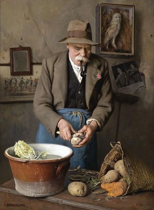 Dig for Victory – The Wise Eat More Potatoes (exhibited 1941) by Charles Spencelayh (England, 