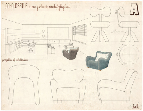 Arne Jacobsen & Flemming Lassen, furniture design for a bachelor apartment, 1950. Denmark. Via k