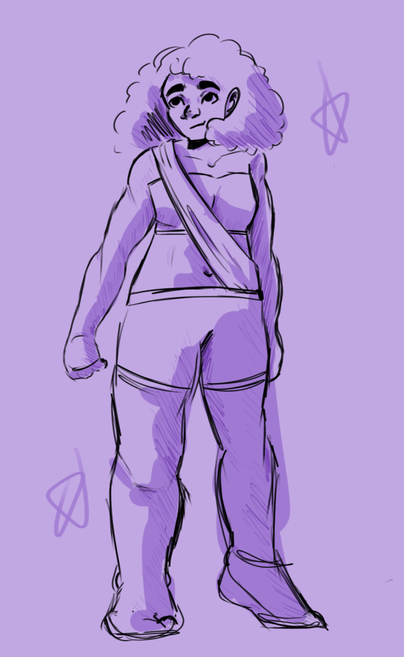 digital drawing of marcia overstrand in shorts and a crop top, coloured in monochrome purple. she is standing with her fists clenched, smiling to her right