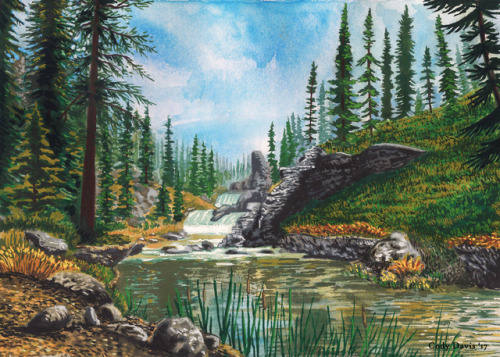 Skyrim White River Waterfalls - gouache on paper