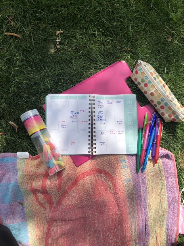 Candy, pens, and a planner on a blanket on the grass