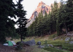 theoregonscout:  Nothing quite compares to waking up at dawn, all snuggled up in the sleeping bag that’s protecting you from the chill of the morning air, watching the sun rise over the mountain you climbed the day before. Mt. Thielsen, Oregon.