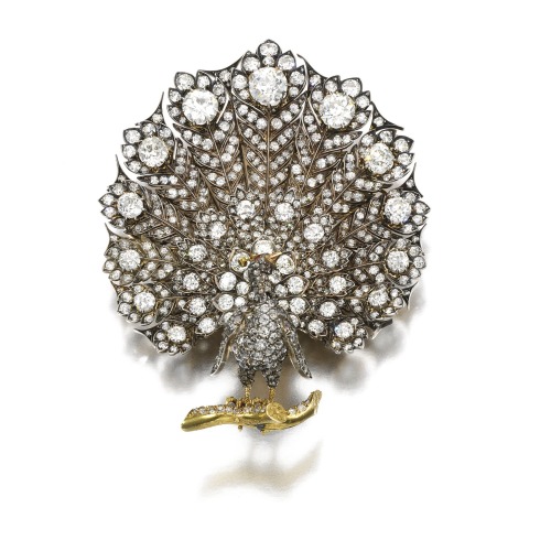 Ruby and Diamond Brooch, shaped as a peacock, second half of the 19th century. Sold by Sotheby&rsquo