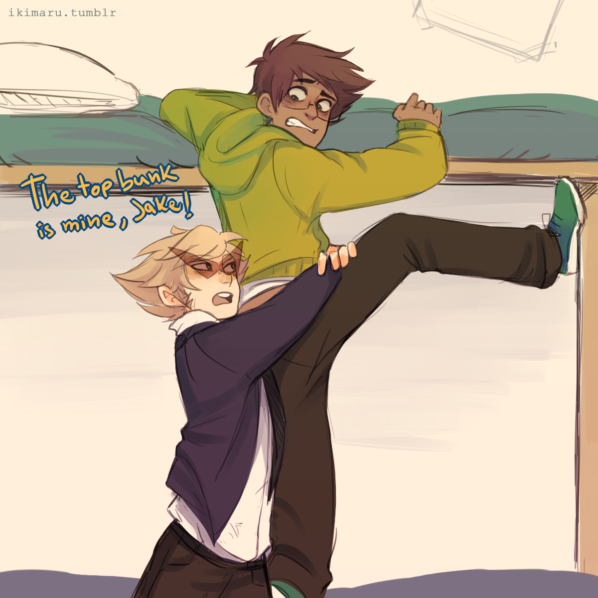 dammit guys, always asking me who takes the top bunk((in the college au this would