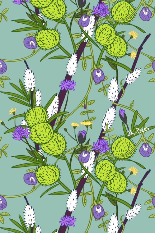 Tried making a repeating pattern for the first time with some of my favorite plants![ID: Digital dra