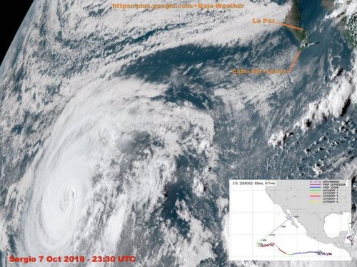 Hurricane Sergio 7. October 2018 - 23:30 UTC. At 14:00hr PDT (2100 UTC), the large eye of Hurricane Sergio was located about 2060 kilometer (1280 miles) WSW of southern tip of Baja California peninsula. Sergio is expected to slow down and turn...