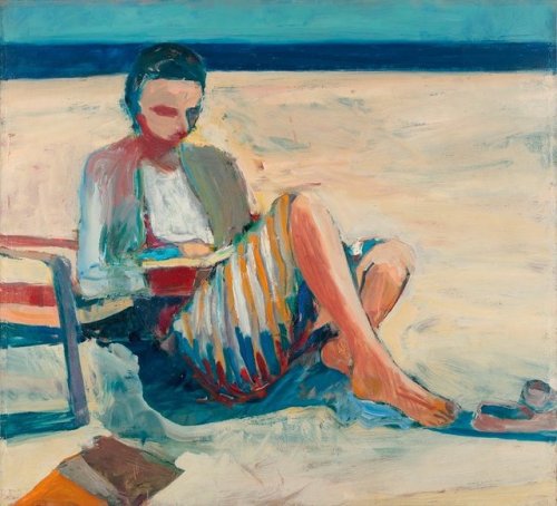 alongtimealone:Richard Diebenkorn; Girl on the Beach; 1957; Oil on canvas; 52 1/8 × 57 ¼ in; 132.4 ×
