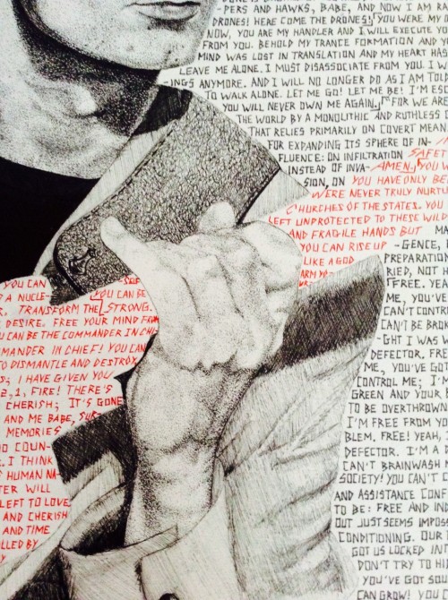 falling-away-with-myouse: Matt Bellamy, with all the lyrics of Drones. A drawing I made with black a
