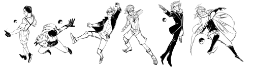 silveray:Teen bosses and their battle poses [actually throwing pokeballs]