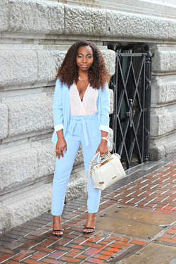 Ecstasymodels:  Baby Blue Outfit: Blue Collarless Boyfriend Jacket, Blue Peg Trousers,