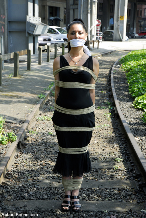 graybandanna:  Damsel in distress tied up on the railroad tracks.