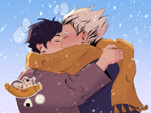 ID: a drawing of Akaashi and Bokuto from Haikyuu. Akaashi is wrapping a gold scarf around both of their necks. It's snowing, and they're close, faces pressed against each other and eyes closed in a pleasant, soft moment. They're both blushing softly. Snow lofts on their coats and the scarf. In the corner, a tiny sticker drawing of them as owls in a similar scarf, next to a sticker of onigiri and a volleyball.