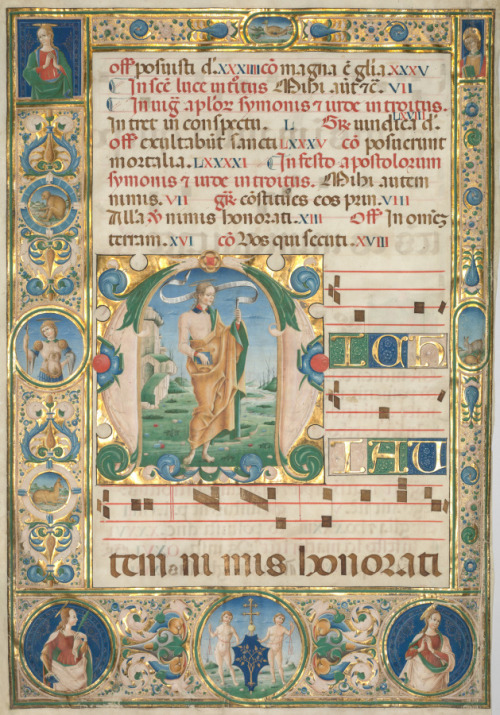 cma-medieval-art:Leaf from a Gradual: Initial (M) with St. Andrew (recto), Jacopo Filippo d’ Argenta