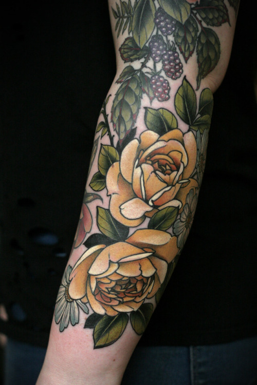 Wrapping yellow roses and cosmos and a healed dusty pink rose for Chella. Full shots of her arm next