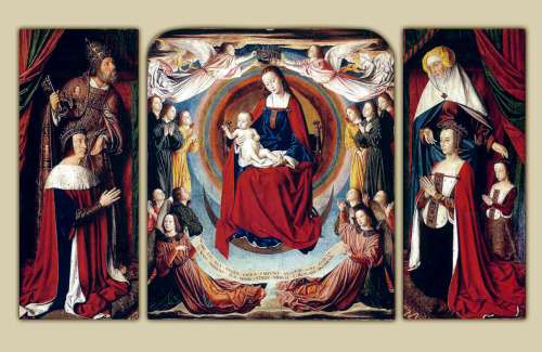 Madonna and Child adored by angels, flanked by portraits of the Duke of Bourbon Pierre II and his wi