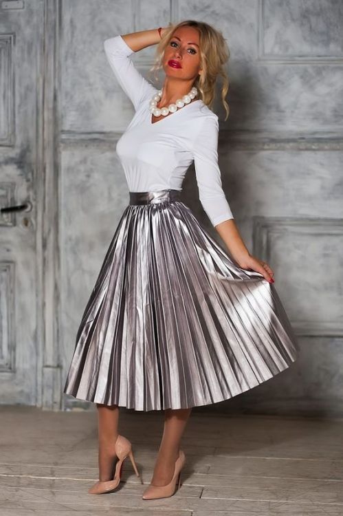 White V neck jumper with stunning silvery pleated skirt