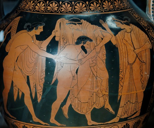 Apollo (left) and Artemis (right) intervene to save their mother Leto from the predations of Tityos.