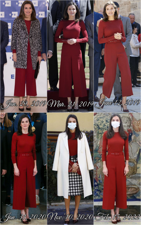Letizia recycling a red ensemble by Hugo Boss, once just the shirt.January 29, 2019: Meeting of the 