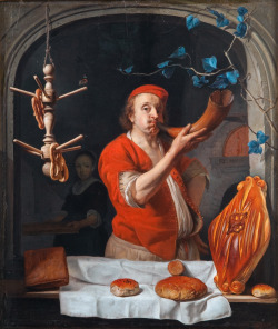 A Baker Blowing His Horn by Gabriel Metsu