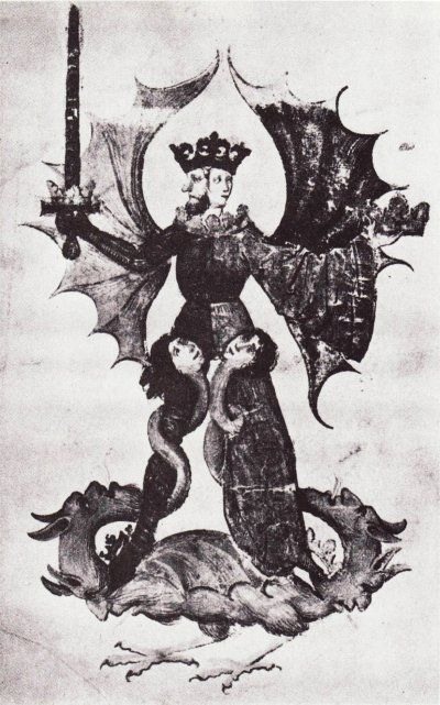 blackpaint20:  The Grand Hermetic Androgyne trampling underfoot the four elements of the prima materia, from Codex Germanicus 598 