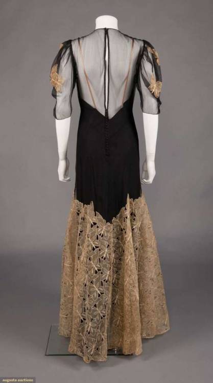 NET EVENING GOWN, LATE 1930s1930s sheer net gown w/ cream butterfly appliques to shoulders & ski