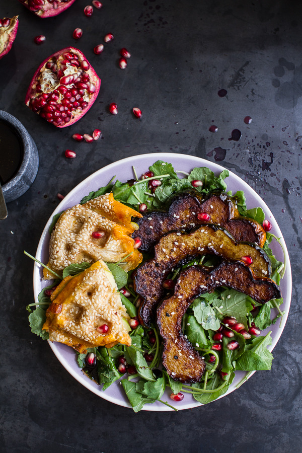 foodffs:  Miso Roasted Acorn Squash + Pomegranate Salad w/Waffled Cheddar Apple Tahini