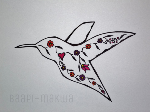 baapi-makwa:nenookaasi (hummingbird in Ojibwe)