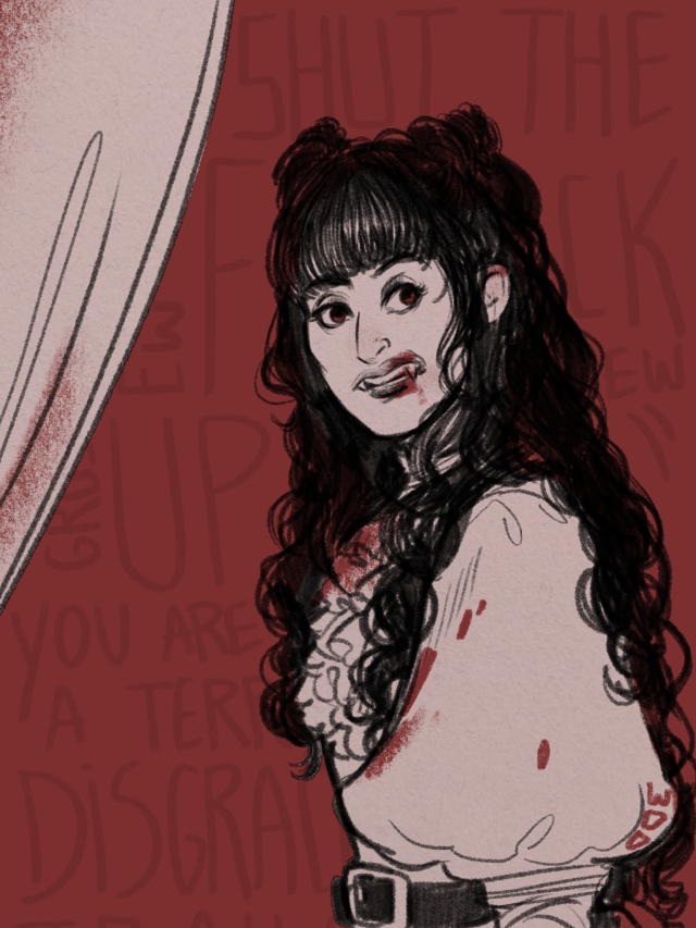 Portrait of Nadja of Antipaxos from the waist up. She is looking towards the camera with disgust on her face and lips smeared with blood.overlayed lightly on the background is a demeaning text meant to represent the character attitute. It faintly read "shut the fuck up you are a terrible disgrace"
