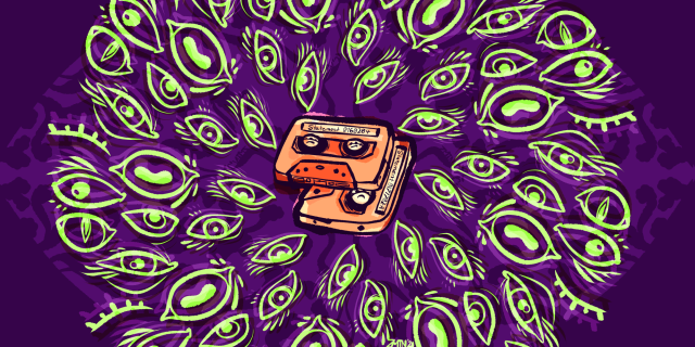 Drawing of cassette tapes surrounded by glowing green eyes