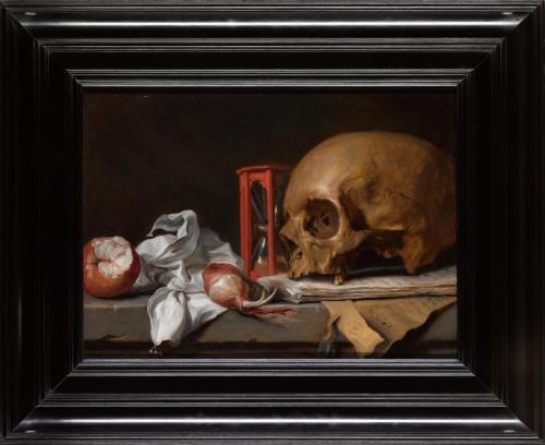 Monogrammist F.D. - A vanitas still life with a skull resting on letters, and an hourglass, an onion