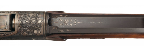 Exquisitely engraved German schuetzen rifle marked “B. Stahl, Suhl”. Late 19th century.