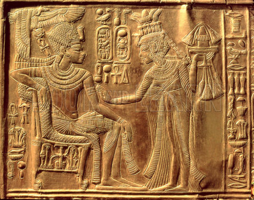 Golden reliefs showing Tutankhamen and his wife Queen Ankhesenamun, 18th dynasty