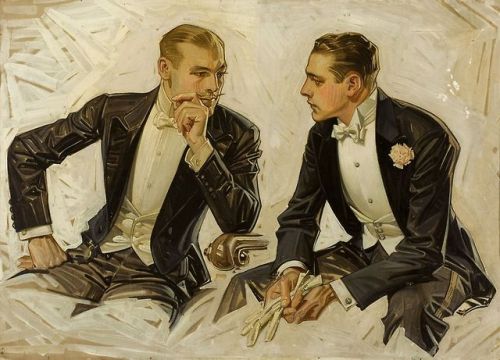 madamehardy:  cigartop:   “Lots of artists can fill their work with aching homosexual tension, but no one else can make the impending sodomy look quite as classy and exquisitely dressed as Leyendecker can.” - source  Before Rockwell, a Gay Artist