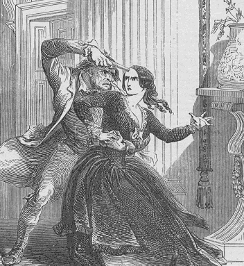 Vintage illustration in black and white of a Victorian woman being threatened by a brute with a weapon. 