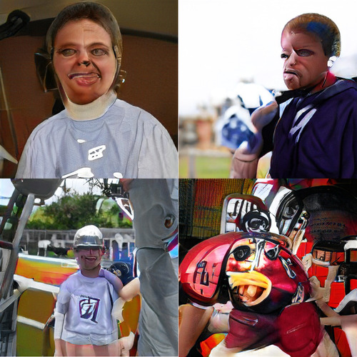 Four generated images. Upper two are people, neither of whom are wearing football helmets (although their hair may be a bit weird; hard to tell since the rest of them is so weird too). Lower left is wearing what appears to be a metallic baseball cap. Lower right… lower right is a football helmet crossed with a buck-toothed cartoon fish.