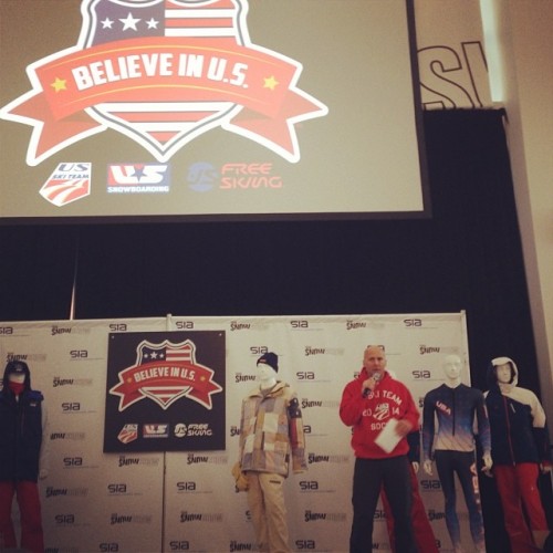 #sia14 is off to a great start! Doug Lewis from Universal Sports unveiling the @usskiteam Olympic uniforms and hyping up @siasnowsports attendees. (at Colorado Convention Center)