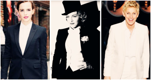 homolesbians:  yourphonograph:  badwolfkaily:“What is it about wearing a tuxedo or that little black dress, that makes us feel confident, beautiful, splendid, even invincible? We put on formal wear and suddenly we become extraordinary. On the days when