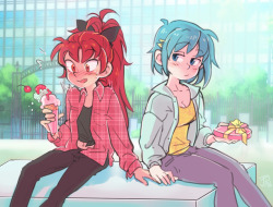 sparklenaut:  Happy belated Sayaka &amp; Kyouko days! (I totally wasn’t supposed to post this on valentine’s day shush)Kyouko was totally the one who asked Sayaka out but she’s still being a total weenie about the whole dating business the background