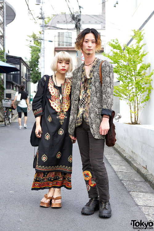 Asuka and Shota on the street in Harajuku w/ ethnic prints &amp; items from Qosmos Shibuya.