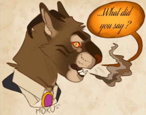A side view of Edward's face, with his eye wide open and staring at the viewer. His mouth is slightly opened, revealing a few of his fangs. He is letting a cloud of smoke, as he angrily asks the viewer : "What did you say ?".