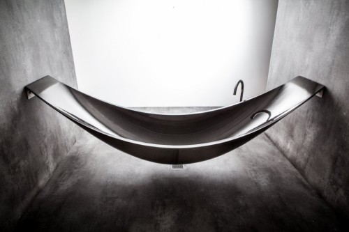 unearthlyritual:  tumblino:   This is a great idea!! The Vessel bathtub is made out of carbon-fiber and is hanging like a hammock. It is designed by Splinter works.   i have never been more aroused in my life  Can I live in this?  