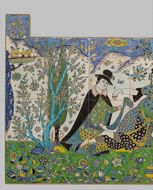 brassmanticore:Lady and attendants in a gardenTile panel probably made in Isfahan, ca. 1640-50At the