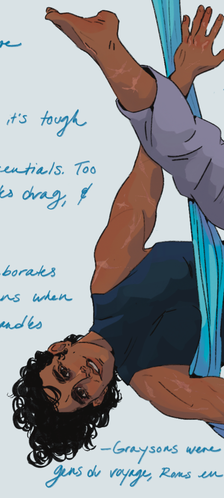 A close-up of the character art, in which Dick Grayson is smiling at the viewer from a pose on aerial silks. 