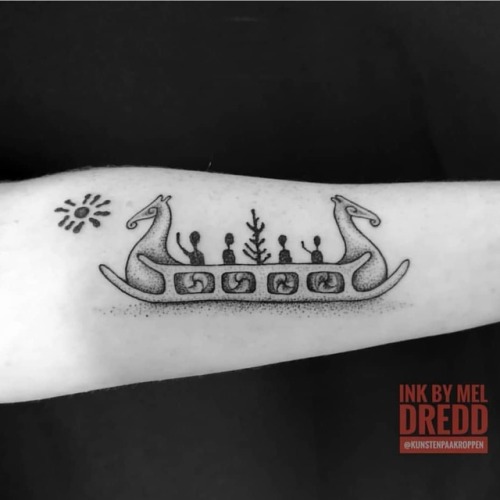 Beautiful dragon-headed boat by @mel.dredd ⛵...#blackwork #dotwork #handmade #handpoked #nordictatto