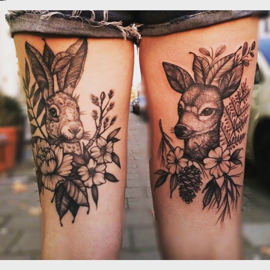 fuckyeahtattoos:On the back of my thighs. Left healed, right fresh. Done by Roald