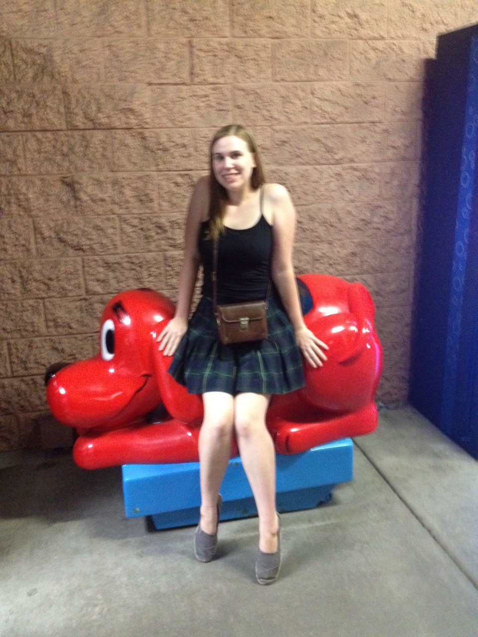 Here&rsquo;s me chilling in a school skirt on a Clifford dog outside a grocery