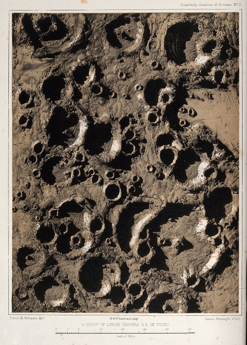 Craters on the moon. ⁣Colour lithograph by E.M. Williams after J. Nasmyth⁣1863⁣⁣Source: Wellcome Col