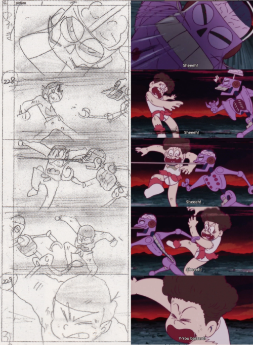 tuneout:The Osomatsu-san fanbook comes with some storyboards so I scanned those and pulled out some screencaps of their respective scenes! Interesting to see how scenes evolve, or completely stay the same. Somehow, storyboard Totty face was even scarier. 